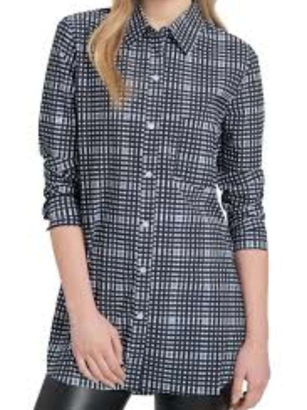 Lysse Black and White Print Shiffer Button Down Shirt Top Size Medium Style 1470
